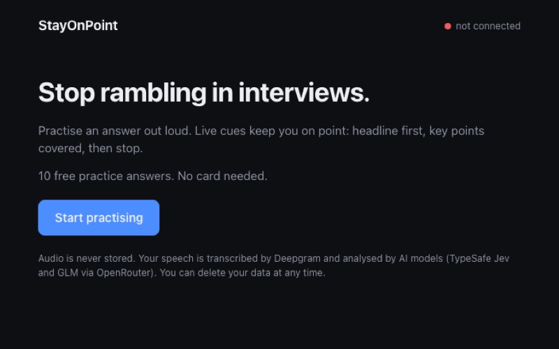 StayOnPoint start screen: stop rambling in interviews